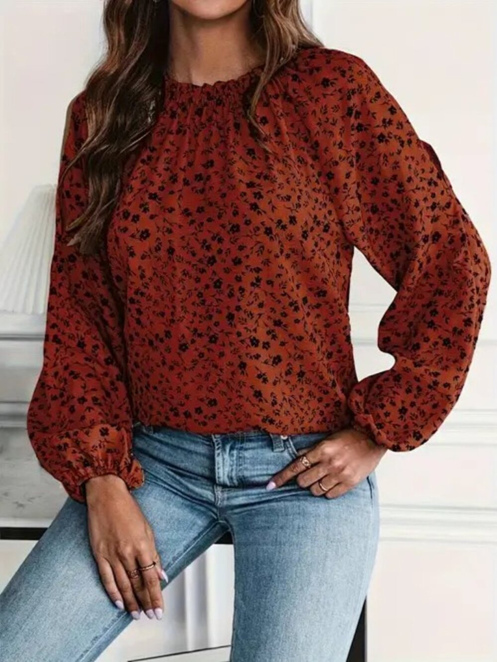 SHEIN Rust Floral Cold Shoulder Blouse | Size M / 6